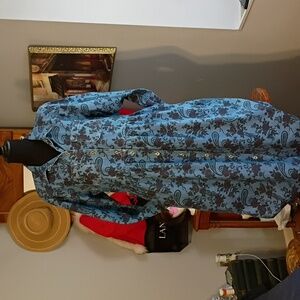 Vintage 90s Button-Front Denim Dress with Floral Paisley Print - Blue